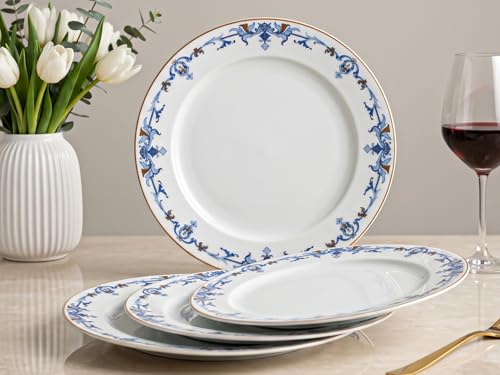 Image of Bodhi House Premium Porcelain Dinner Plates Set of 4 | Royal Crest Design | Durable, Microwave & Dishwasher Safe | Dinnerware Plates for Everyday Use & Set for Home, Dining, Kitchen & Gifting