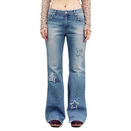 Women's Low Rise Baggy Jeans Y2K Embroidered Star Denim Pants Stretchy Loose Bootcut Flared Jean Trousers