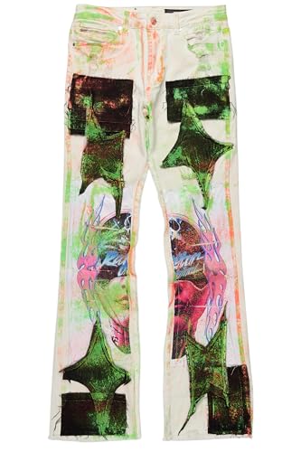 Men's Helki Beige/Green Roller Paint Stacked Flare Jean2