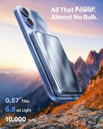 Image of TORRAS MiniMag Pro Portable Charger Power Bank, 10000mAh 15W Magnetic Battery Pack for iPhone 17 /16 /15 /14 /13 /12, Slim Magnetic Wireless Charger, Semi-Solid-State Battery for Travel Purple Blue