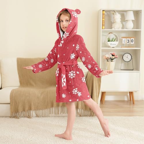 GuoChe Girls Bathrobe Classic Red Snowflake Hooded Robes3