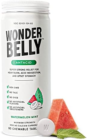 Wonderbelly Antacid Chewable Tablets - Maximum Strength Calcium Carbonate Acid Neutralizer - Instant Heartburn Relief, Acid Indigestion & Sour Stomach -Vegan (Watermelon Mint)