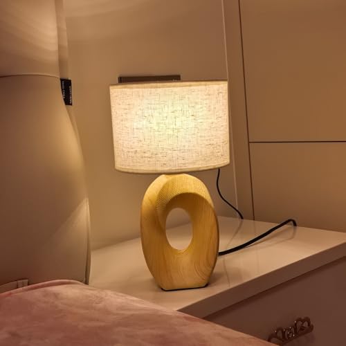 Ceramic Table Lamp,Bedside Lamp For Bedroom,Small Cute Bedside Lamp With Linen Beige Lampshade,Nightstand Lamp For Nursery, Kid Room, Living Room,Light Yellow Wood Grain Base, E26 Socket, 12. - Image 5