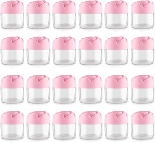 RONRONS 24 Pack Pink Rose Flower Shaped Empty Cream Jars, Clear Leak-Proof Plastic Cosmetic Containers with Lids for Makeup, Nail Polish, Bulk Wholesale for Small Business