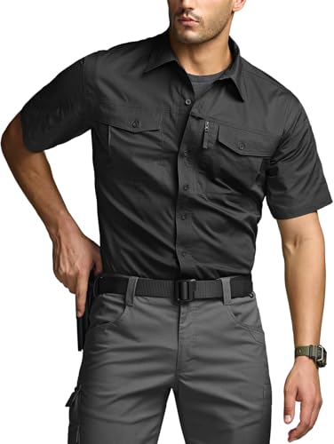 CQR Men's Short Sleeve Tactical Shirts, UPF 50+ Ripstop Military Work Shirts, Breathable Button Down Outdoor Hiking Shirt