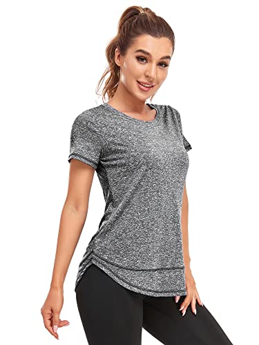 Abrooical Women's Athletic Shirt Workout Top Running Yoga Lightweight Quick Dry Short-Sleeved Crewneck Tee Dark Grey Large #TOP2