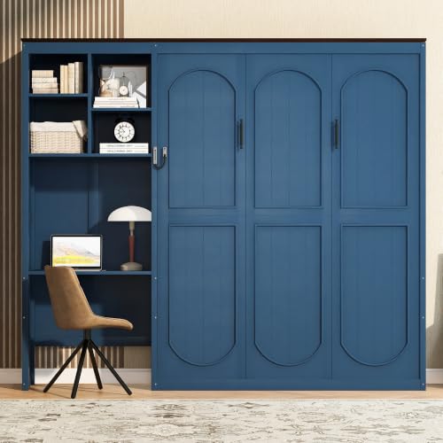 Virubi Queen Size Foldable Murphy Bed with Integrated Desk(Blue2, Queen)