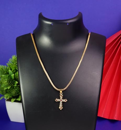 Image of CUTE GOLD One Gram Micro Gold Plated Men Style Lord Jesus Cross Pendant Chain For Mens And Womens (24 inch)(DC-1166)