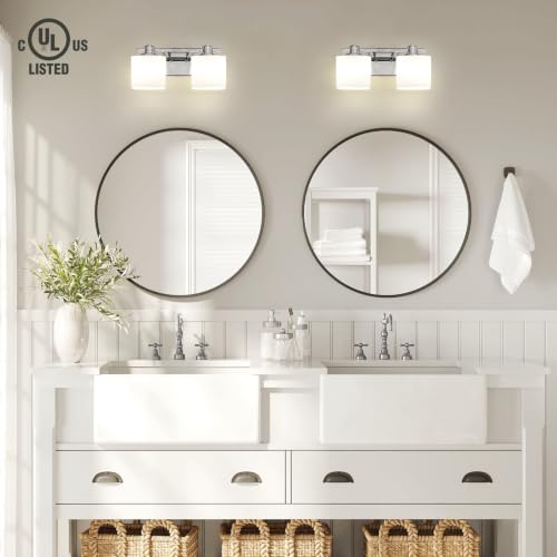 Image of 15 Inch Chrome Bathroom Light Fixtures Over Mirror 2 Light Bathroom Vanity Light Silver Modern Industrial Makeup Lighting Wall Sconce Farmhouse Rustic Milk Glass Lamp Desk Sink