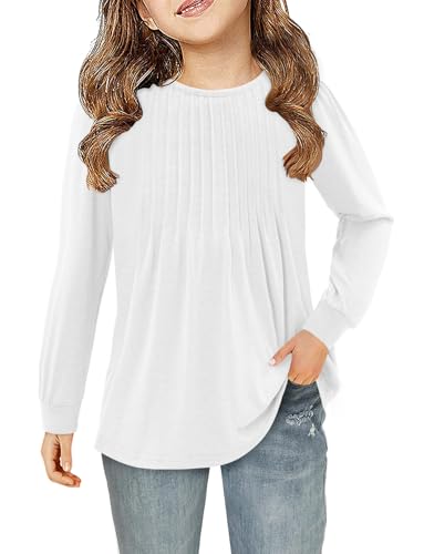 Yoklass Girls Puff Long Sleeve Shirts Crew Neck Front Pleated Tops Casual Loose Dressy Blouses 4-13 Years2