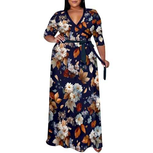 Image of SUZONANA Women's Plus Size Maxi Dresses Casual Loose Short Sleeve Long Maxi Dress with Belt Wedding