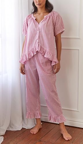 Image of Argeousgor Women Plaid 2 Piece Pajama Set Button Down Puff Sleeve Babydoll Shirt Gingham Pants Pj Lounge Set Sleepwear