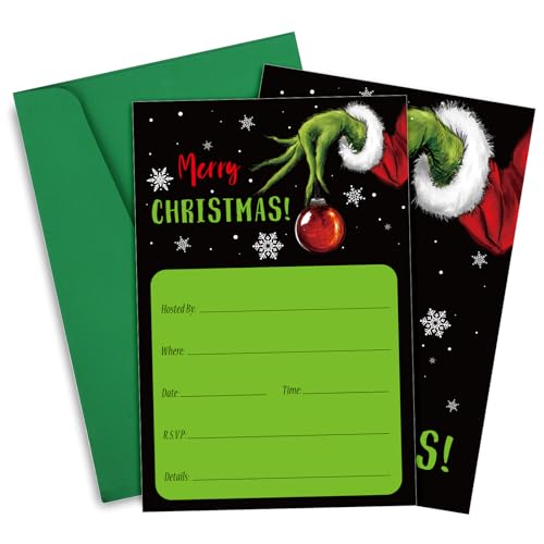 Whaline 25Pcs Merry Christmas Invitations with Envelopes Green Funny Cartoon Hand Paper Cards Xmas Decorative Invites for Winter Decor Party Supplies, 5 x 7 Inch