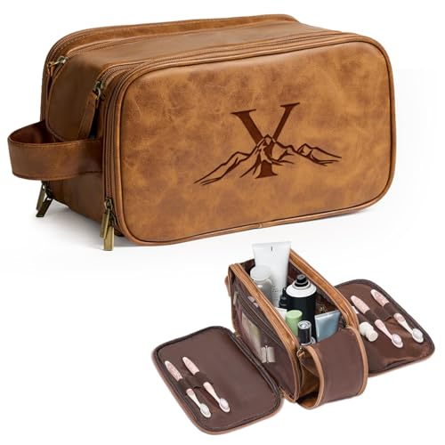 Travel Toiletry Bag For Mens PU Leather Engraved Initials (Yellow Brown Y)