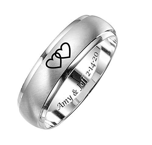 Personalized Two Tone Brushed With High Polished Edge Silver Dome Ring Custom Engraved Free In Any Language - Silver Wedding Band - 6mm - Ships from USA3