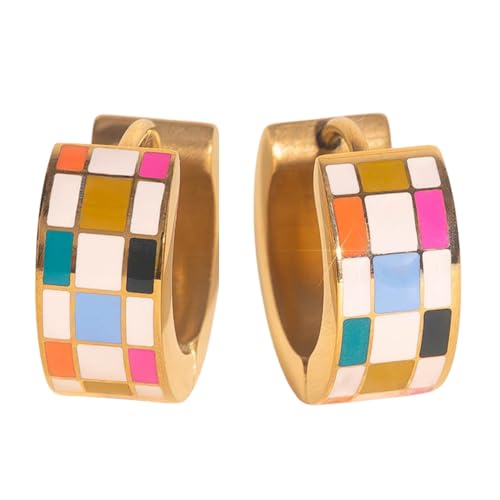 Oh Clementine Super Chunky Bright Checkered Huggie Hoop Adjustable Clasp Earrings for Women - 316L Stainless Steel with 18k PVD Gold Coating