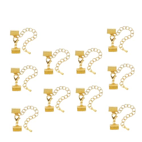 PHENOFICE 10mm Plated Ribbon Ends Fastener Clasps for DIY Craft Textured Crimp End Clamps 5cm Chain and 12mm Lobster Buckle
