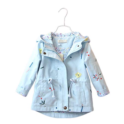 PanpanBox Abrigo con Capucha Bebé Niñas Floral Imprimen Chaqueta Trenca Cintura Ajustada Parka con Cremallera Primavera Otoño para 2-9 años (120cm / 5-6 años, Azul) Cover