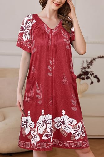 Image of Ekouaer Women Robe Zipper Front Mumu Duster Robes Zip Up Housecoat Soft Sleepwear with Pockets