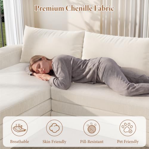 Image of Vesgantti 6 in 1 Convertible Folding Sleeper Sofa Bed, No Assembly, Beige | 110.2 inch L Shaped Modular Sectional Sofa, Curved Armrest, Deep Seat Boneless Couches for Living Room, Chenille, Left Facing
