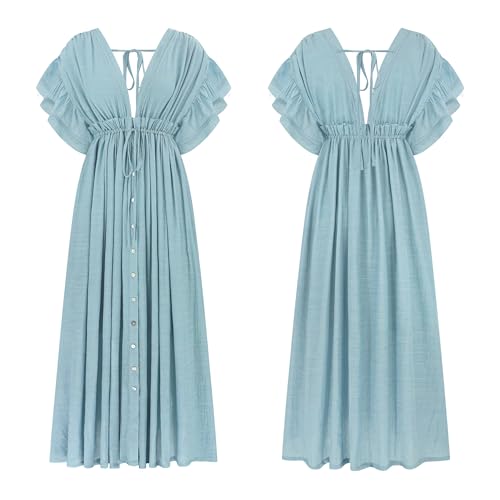 Image of R.Vivimos Maxi Dresses for Women 2026 Summer Short Sleeve V Neck Drawstring Tie Boho Loose Flowy Long Dresses with Pockets