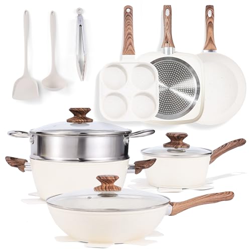 NEWBULIG Cookware Set, Nonstick & Non-Toxic Pots and Pans with Stay-Cool Handles, Induction Compatible, 17-Piece Cream White