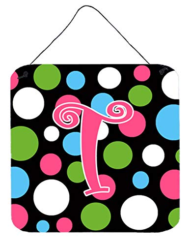 Caroline's Treasures CJ1038-TDS66 Letter T Initial Monogram - Polkadots and Pink Wall or Door Hanging Prints Aluminum Metal Sign Kitchen Wall Bar Bathroom Plaque Home Decor, 6x6, Multicolor