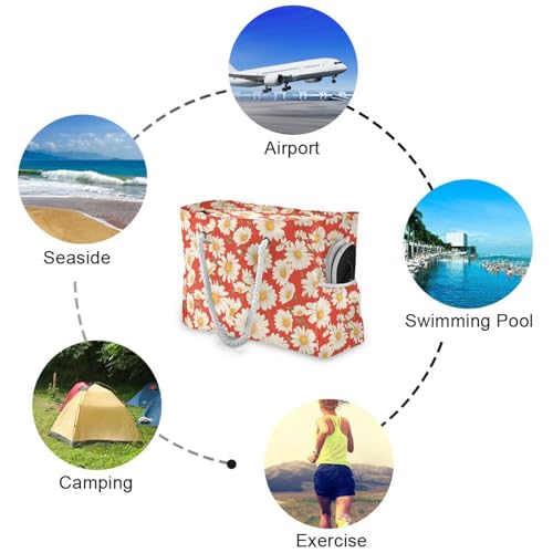 Red and White Daisies Sturdy waterproof bag for beach with zipper carry on tote bags for women Good for Travel Pool Swim Beach Vacation Necessities4