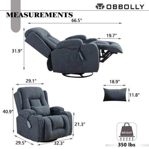 Obbolly Swivel Rocker Recliner Chair With Massage, Manual Glider Rocking Recliner Chair, Wingback Design 360° Swivel Chair With Lumbar Pillow, Cup Holders For Living Room (Blue Grey-Linen, Single) #TOP1