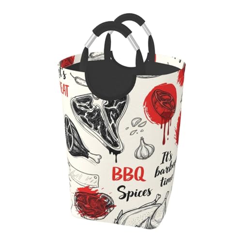 Large Laundry Basket - Barbecue Time Freestanding Collapsible Tall Dirty Clothes Hamper Bag with Padded Aluminum Handles, Waterproof Foldable Washing Bin 50L for Family, Dorm