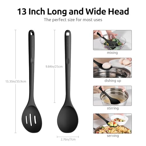 Image of U-Taste Silicone Spoons Set of 2, 13.3 inch Long Large Mixing Spoon, Black
