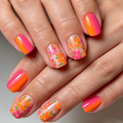 Image of Flower Press on Nails Orange Ombre Fake Nails Short Square Nails Press ons
