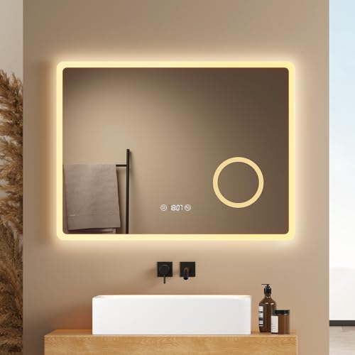 EMKE Badspiegel mit Beleuchtung 80x60cm Badezimmerspiegel mit 3 Lichtfarben dimmbar, Antibeschlag,...