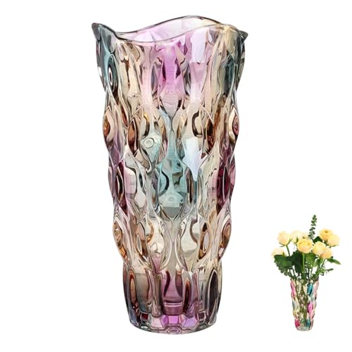 QEEYON Jarrón de Cristal para Flores, Grandes Jarrones de Cristal Coloridos para Arreglos Florales, Jarrón Arcoíris Unico para Centros de Mesa, Sala de Estar, Cocina, Oficina, Boda (24 x 13 cm)