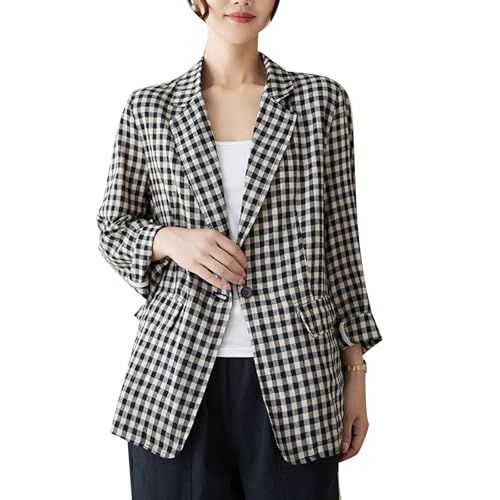 Vagbalena Mujer Verano Lino Manga larga con Botones y solapas Blazer Adecuado para trabajo oficina ocio bolsillos a cuadros con Chaqueta vintage literaria (mid Plaid,L)