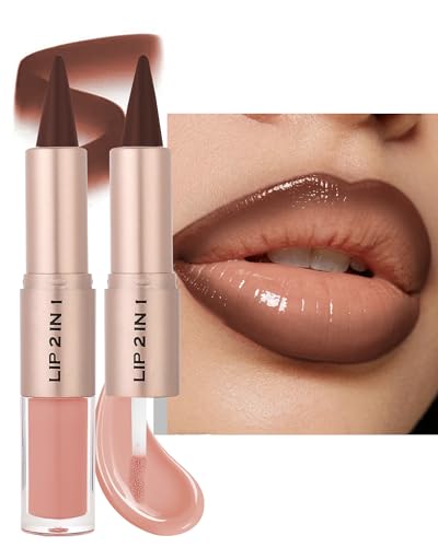 Crayon a Levre & Lip Gloss Oil 2-en-1, Rouge a Levre Hydratant Marron Neutre, Lipliner Mat Longue Tenue, Haute Pigmentation, Nourrissante à lèvres Maquillage pour des lèvres Repulpant et Dessinées-12