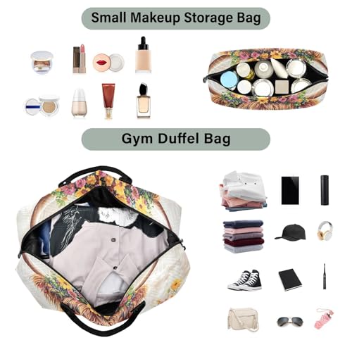 Travel Duffel Bag Highland Cow Bucket Floral, Gym Bags with Multiple Interior Pockets for Men Women Toiletry Purse Included 20.5”x 1.9” x 13.8”4