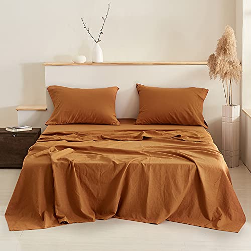 Simple&Opulence Belgian Linen Sheet Set Solid Color - 4 Pieces (1 Flat Sheet, 1 Fitted Sheet & 2 Pillowcases) Natural Flax Cotton Blend Soft Breathable Farmhouse Bedding - King Size, Rust #TOP17