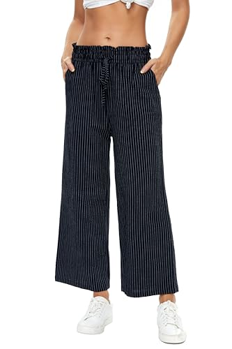 LNX Womens Linen Pants High Waisted Wide Leg Drawstring Casual Loose Trousers with Pockets
