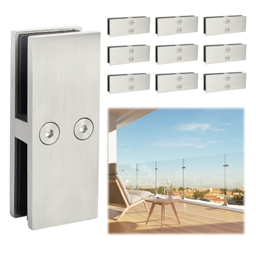 LukLoy 10 Pack Railing Glass to Glass Clamp, Stainless Steel 304 Heavy-Duty Bracket No Drilling for Balustrade Railing Pool Fence Brushed (10 Piece 180°)