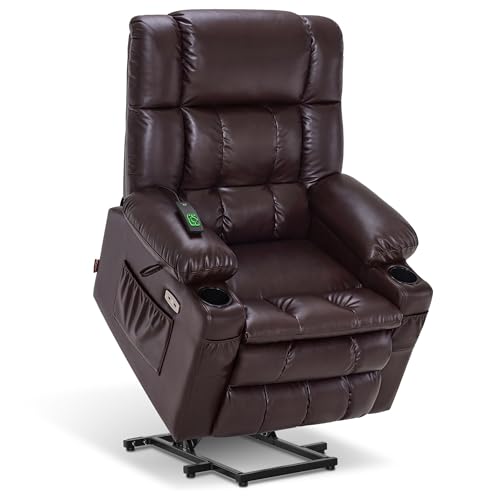 MCombo Dual Motor Power Lift Recliner Chair for Elderly, Lay Flat Lift Chair with Heat and Massage, Cup Holders, USB Ports, Faux Leather 7890 (Dark Brown, Medium)