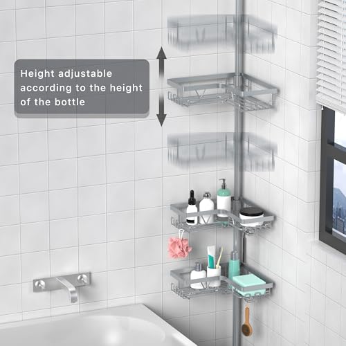 Image of KEGII 4-Tier Corner Shower Caddy Tension Pole - Adjustable Shower Tension Rod Organizer, Floor to Ceiling Shower Caddy 25-114.2 inch, Shower Towel Rack Corner Waterproof, Light Gray