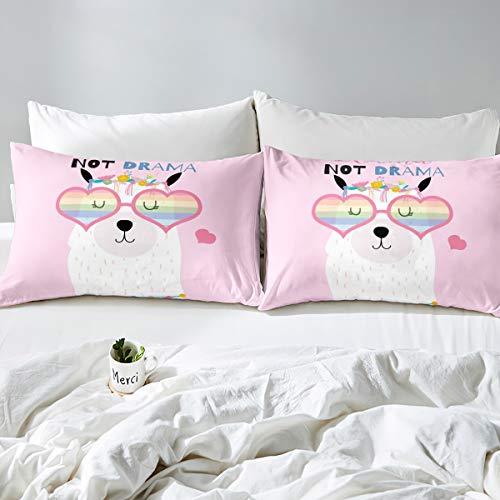 Girly Cute Llama Bedding Set For Girls Kids Lovely Cartoon Llama Alpaca Comforter Cover Pink Floral Flowers Duvet Cover Room Decor Colorful Rainbow Bedspread Cover Queen Size Bedding Collection 3Pcs #TOP1