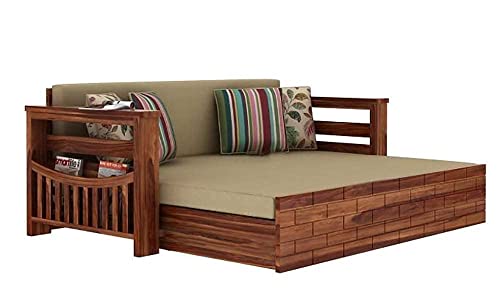 Image of Solid Sheesham Wood Sofa Cum Bed with Storage Side Pocket- 3 Seater Wooden Sofa Bed for Living Room | Convertible Diwan Bed with Cushions | Modern Space Saving Furniture (Cream)