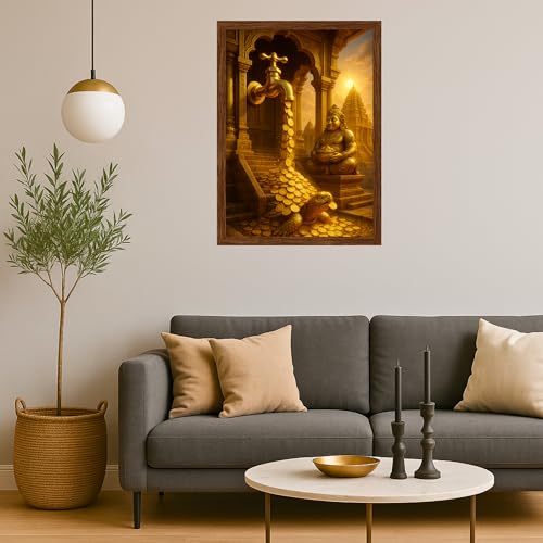 Image of DIVARTH Vastu Money Tap Frame - Gold Coin Flow Painting for Living Room, Home, Office Decor - West Wall Wealth Attraction & Positive Energy - 10x13 Inch (Brown)