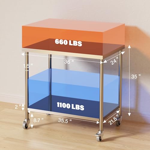Image of Garvee Stainless Steel Table, 36 inch x 24 inch NSF 2 Tier Prep Table | Lockable Wheels & Adjustable Under Shelf, Heavy Duty Commercial Worktable for Restaurant, Home, Kitchen, Indoor, Outdoor