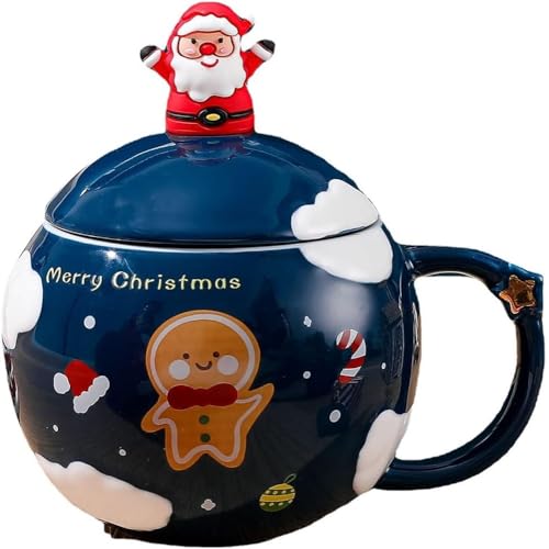 SuperglockT Weihnachtstasse Weihnachtsmotiv Keramik Kaffeetasse mit Deckel und Löffel 400ml Porzellanbecher Bürotasse Trinkbecher Kakaobecher für Weihnachten Geburtstag Neujahr (Blau)