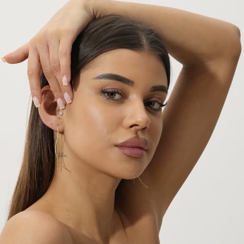 NOKMIT Threader Earrings for Women 14K Gold Tone Long Lightweight Dangle Drop Earrings Dainty Curved Bar Thin Chain Threads Hypoallergenic Jewelry Gifts3