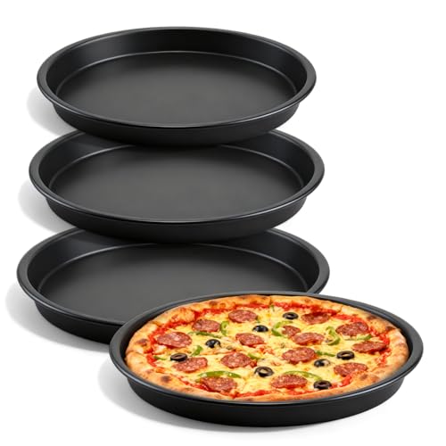 Juego de 4 bandejas para pizza, 4 unidades, diámetro 6/7/8/9 en acero al carbono, molde redondo para pizza, molde para pizza de acero al carbono para pizza, tartas y tartas flameadas, calor uniforme y