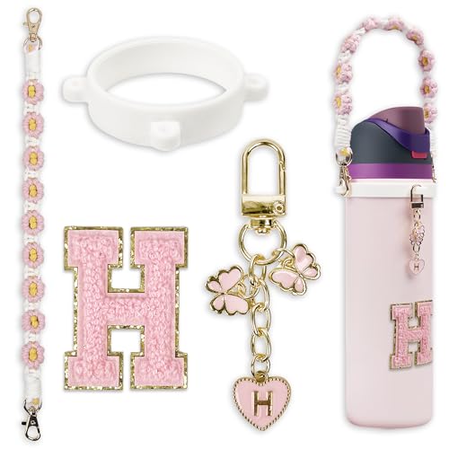 Cute Letter Charm Set with Secure Handle Strap, Silicone Ring, Monogram Sticker and Personalized Decoration for Owala Compatible Water Bottle, Travel Carry, School, Gift and Daily Use (Pink, H)